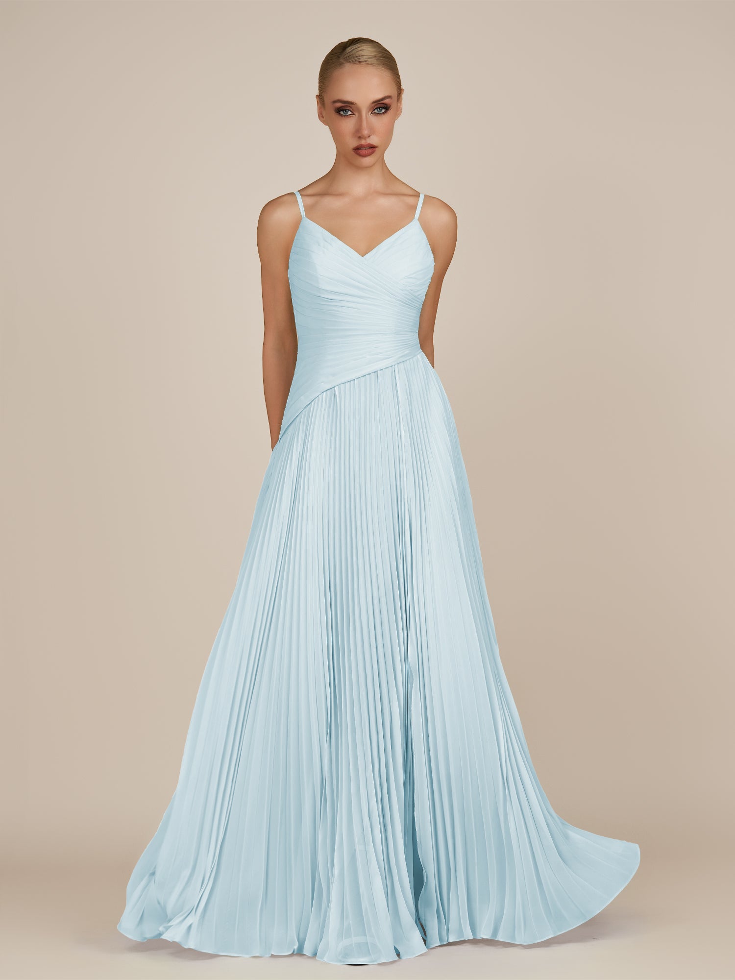 KissDress-Vionnet Sky Blue A-Line V Neck Pleated Chiffon Long Bridesmaid Dress with Slit