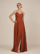 KissDress-Vionnet Spice A-Line V Neck Pleated Chiffon Long Bridesmaid Dress with Slit