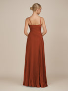 KissDress-Vionnet Spice A-Line V Neck Pleated Chiffon Long Bridesmaid Dress with Slit