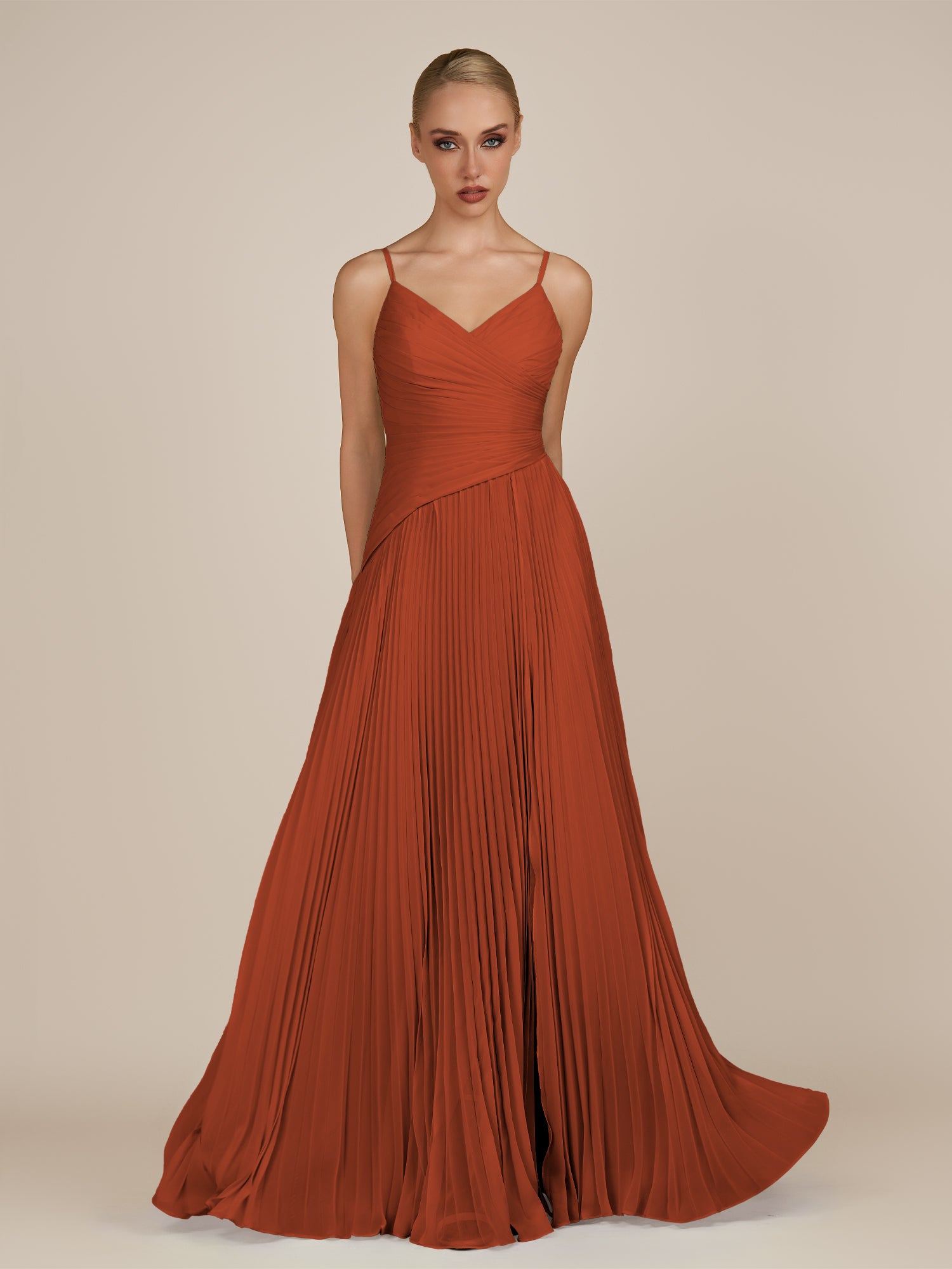 KissDress-Vionnet Spice A-Line V Neck Pleated Chiffon Long Bridesmaid Dress with Slit