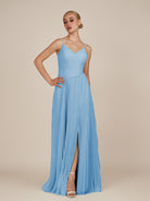 KissDress-Vionnet Steel Blue A-Line V Neck Pleated Chiffon Long Bridesmaid Dress with Slit