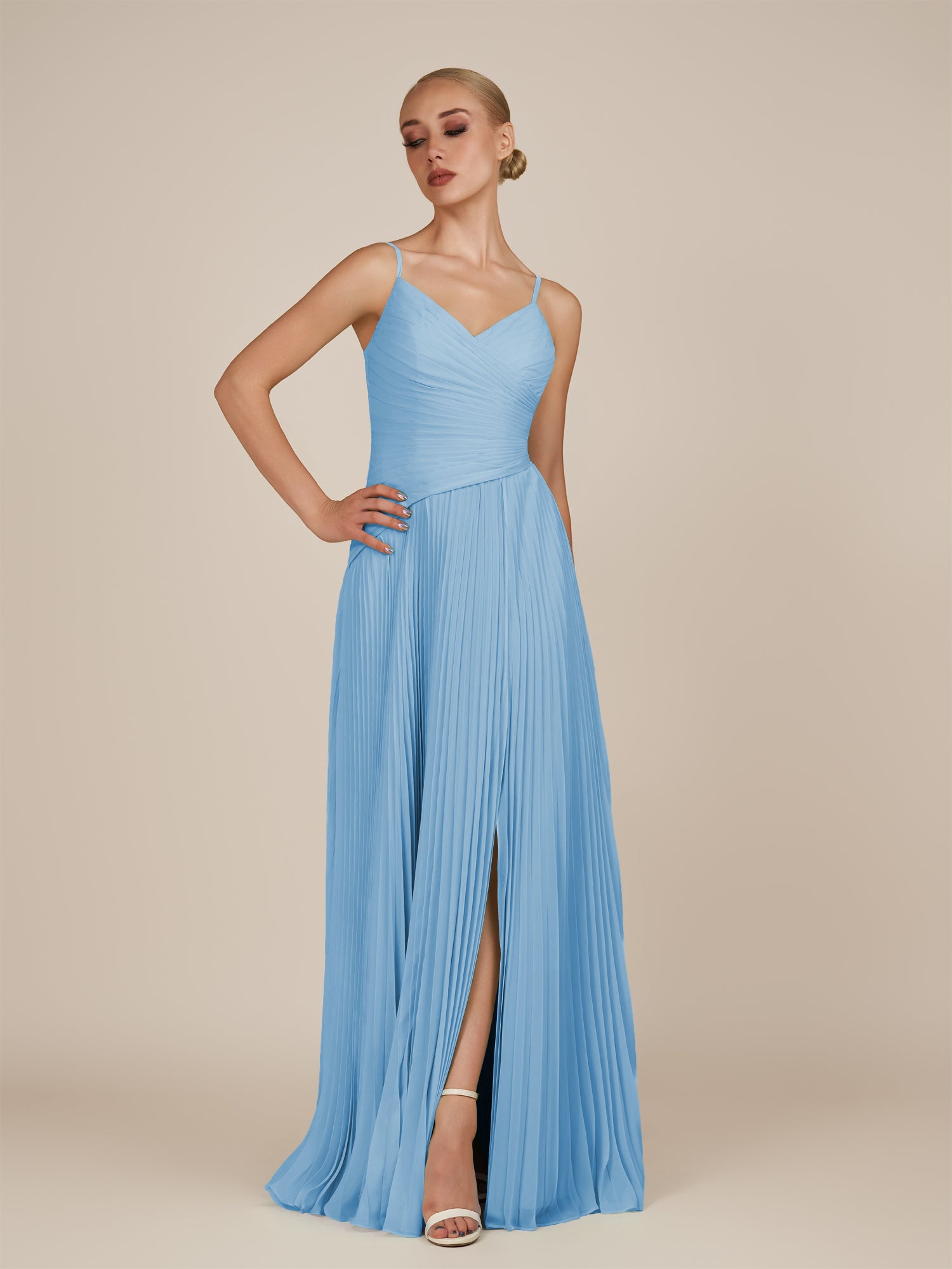 KissDress-Vionnet Steel Blue A-Line V Neck Pleated Chiffon Long Bridesmaid Dress with Slit
