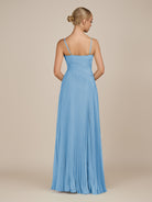 KissDress-Vionnet Steel Blue A-Line V Neck Pleated Chiffon Long Bridesmaid Dress with Slit