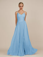 KissDress-Vionnet Steel Blue A-Line V Neck Pleated Chiffon Long Bridesmaid Dress with Slit