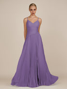 KissDress-Vionnet Tahiti A-Line V Neck Pleated Chiffon Long Bridesmaid Dress with Slit