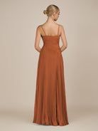KissDress-Vionnet Terracotta A-Line V Neck Pleated Chiffon Long Bridesmaid Dress with Slit