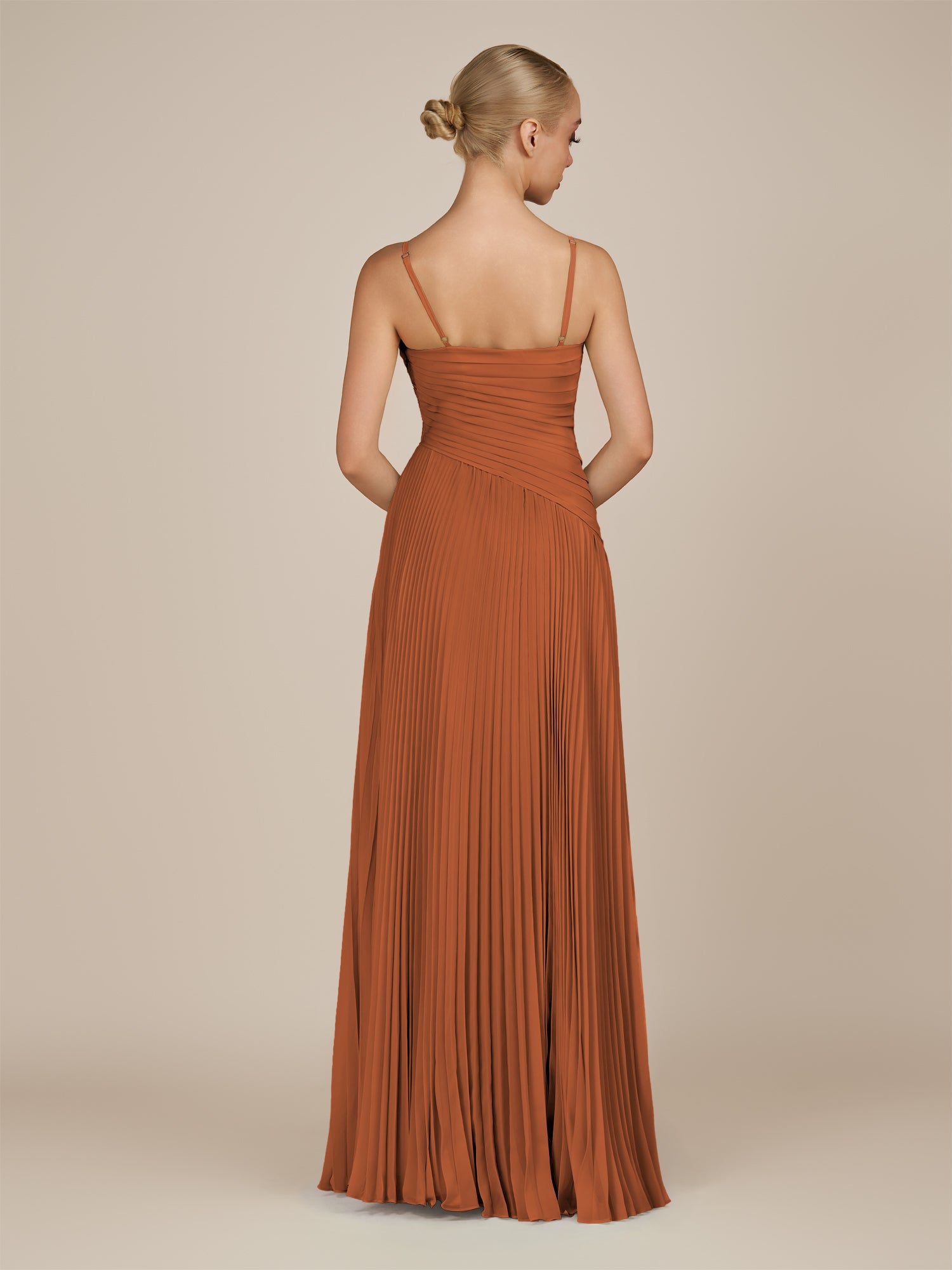 KissDress-Vionnet Terracotta A-Line V Neck Pleated Chiffon Long Bridesmaid Dress with Slit