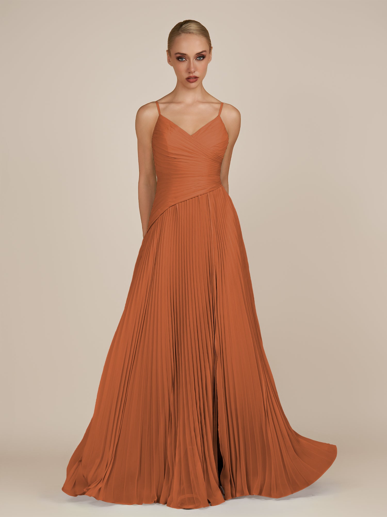 KissDress-Vionnet Terracotta A-Line V Neck Pleated Chiffon Long Bridesmaid Dress with Slit