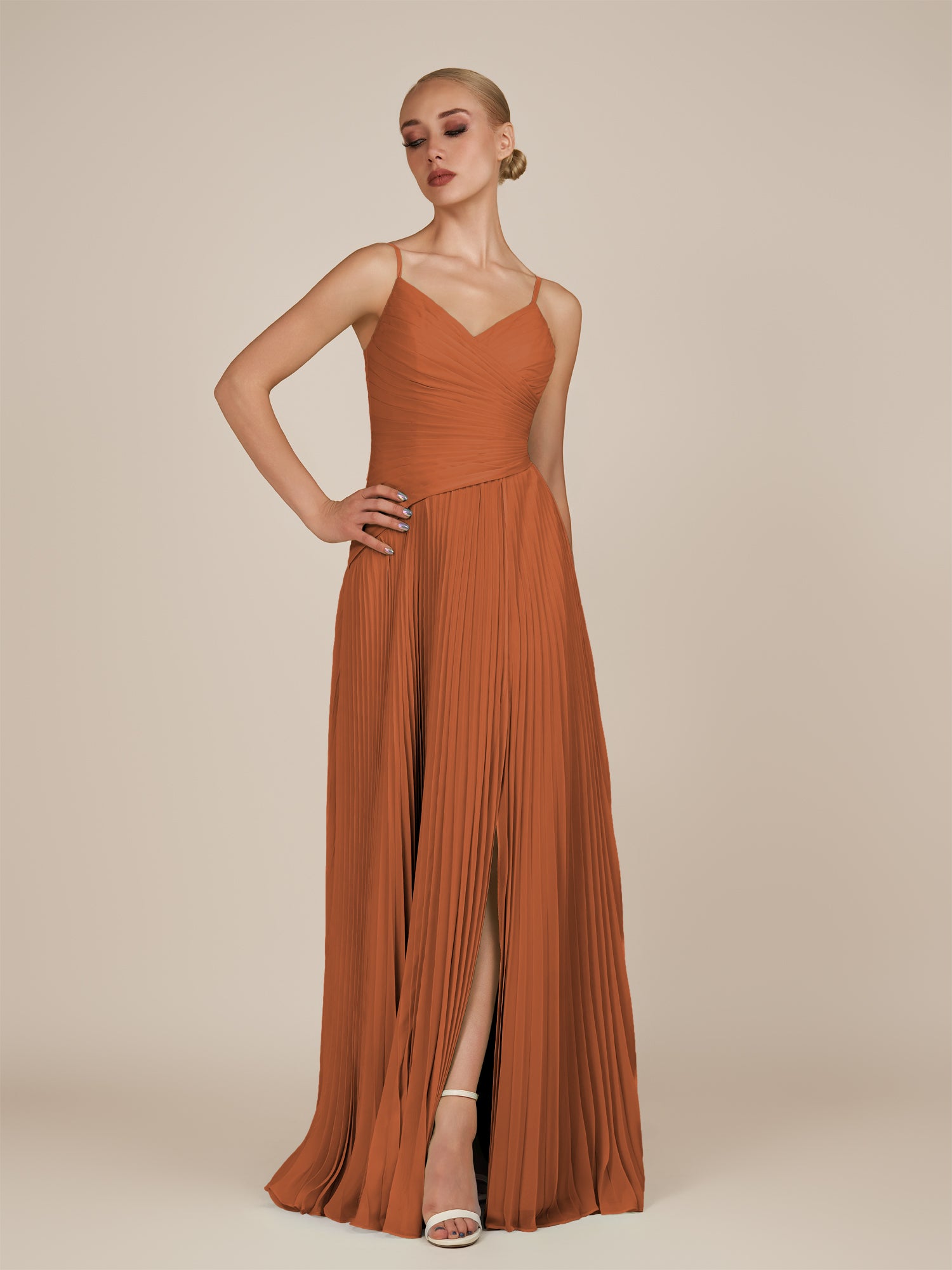 KissDress-Vionnet Terracotta A-Line V Neck Pleated Chiffon Long Bridesmaid Dress with Slit