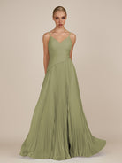KissDress-Vionnet Thyme A-Line V Neck Pleated Chiffon Long Bridesmaid Dress with Slit