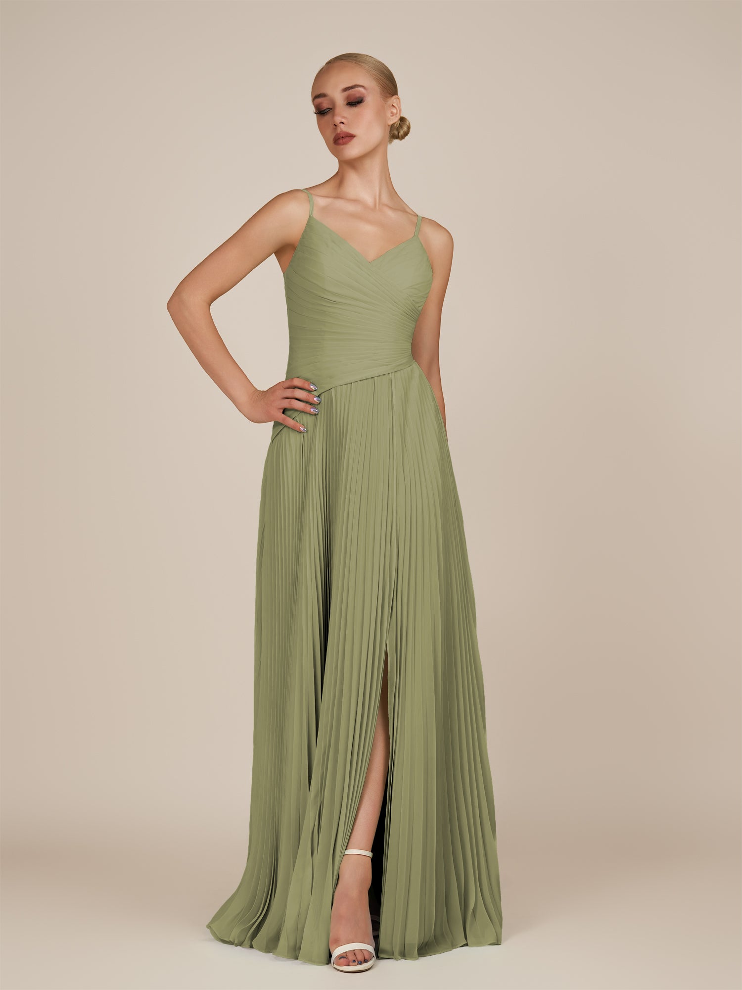 KissDress-Vionnet Thyme A-Line V Neck Pleated Chiffon Long Bridesmaid Dress with Slit