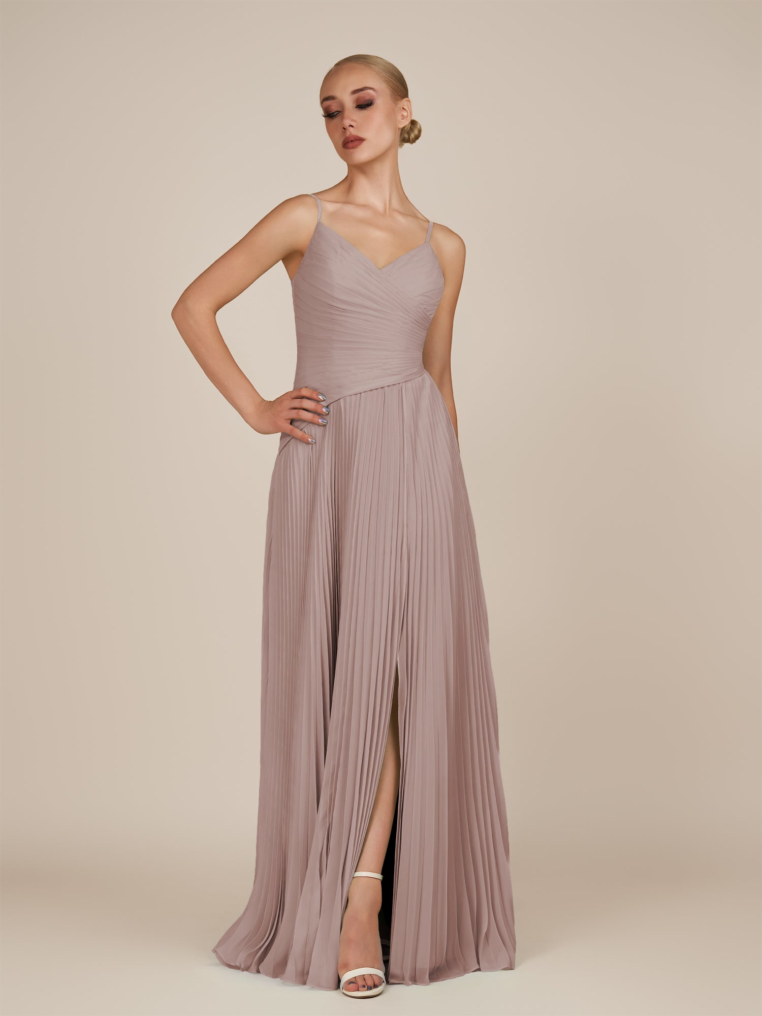 KissDress-Vionnet Toffee A-Line V Neck Pleated Chiffon Long Bridesmaid Dress with Slit