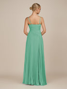 KissDress-Vionnet Turquoise A-Line V Neck Pleated Chiffon Long Bridesmaid Dress with Slit