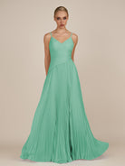 KissDress-Vionnet Turquoise A-Line V Neck Pleated Chiffon Long Bridesmaid Dress with Slit