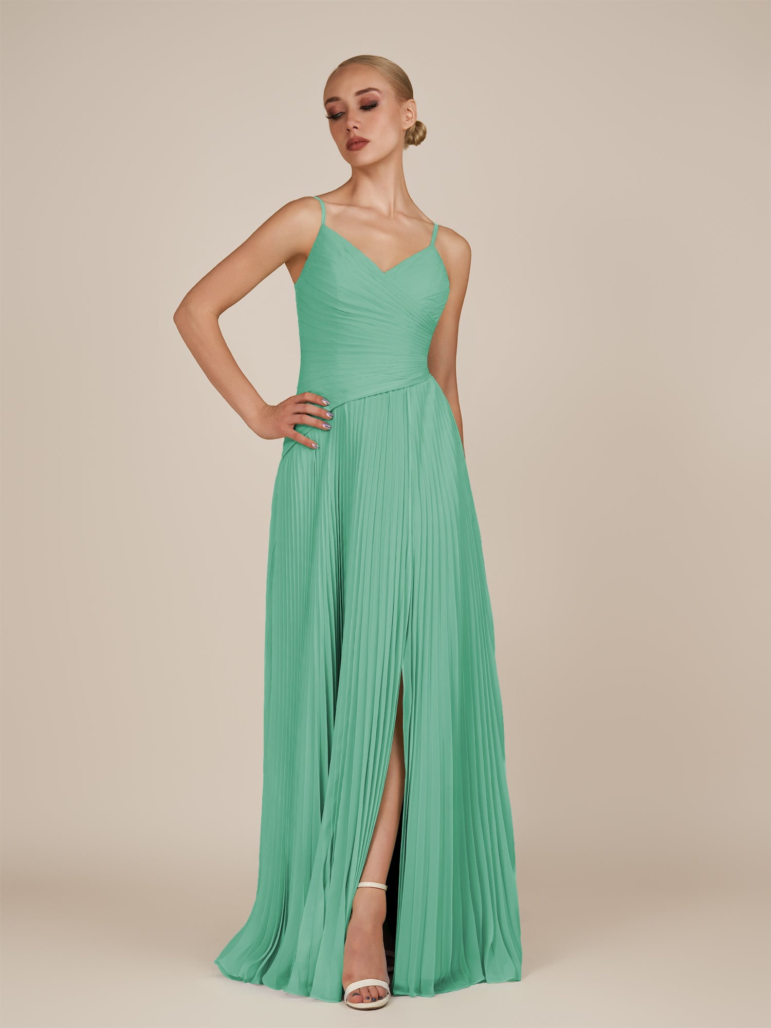 KissDress-Vionnet Turquoise A-Line V Neck Pleated Chiffon Long Bridesmaid Dress with Slit