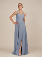 KissDress-Vionnet Twilight A-Line V Neck Pleated Chiffon Long Bridesmaid Dress with Slit