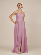 KissDress-Vionnet Vintage Mauve A-Line V Neck Pleated Chiffon Long Bridesmaid Dress with Slit