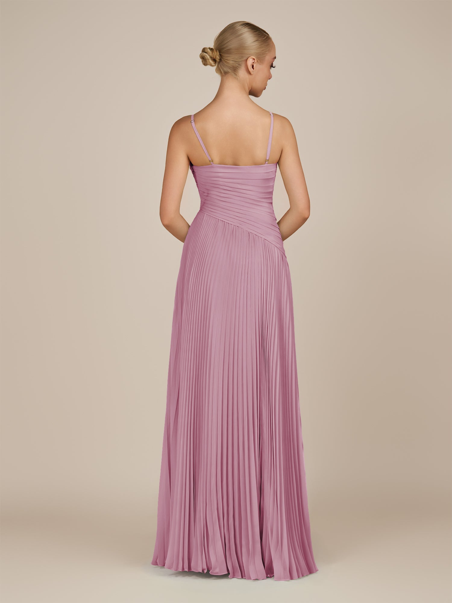 KissDress-Vionnet Vintage Mauve A-Line V Neck Pleated Chiffon Long Bridesmaid Dress with Slit