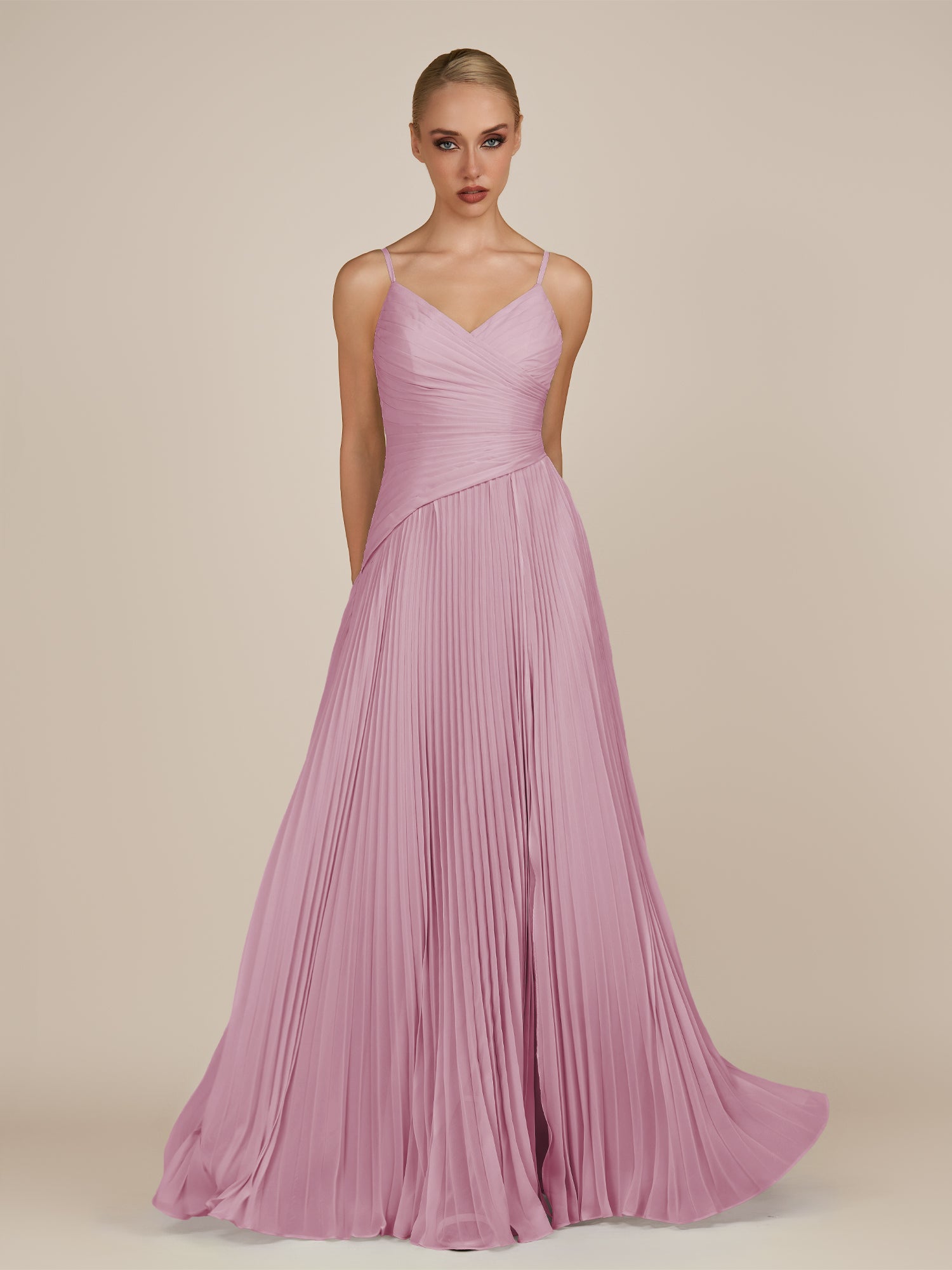 KissDress-Vionnet Vintage Mauve A-Line V Neck Pleated Chiffon Long Bridesmaid Dress with Slit