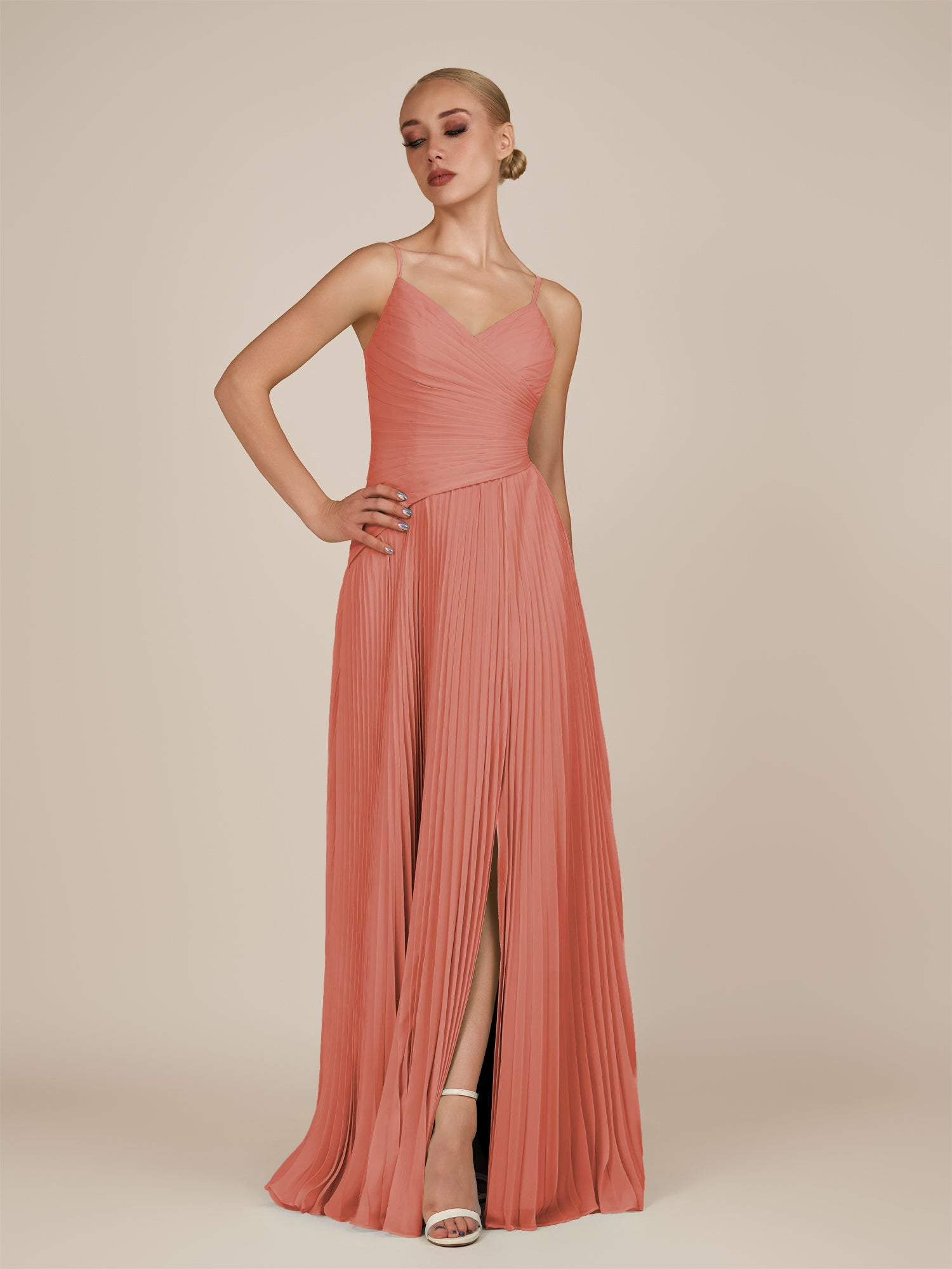 KissDress-Vionnet Wild Rose A-Line V Neck Pleated Chiffon Long Bridesmaid Dress with Slit