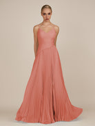 KissDress-Vionnet Wild Rose A-Line V Neck Pleated Chiffon Long Bridesmaid Dress with Slit