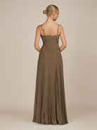 KissDress-Vionnet Willow Green A-Line V Neck Pleated Chiffon Long Bridesmaid Dress with Slit