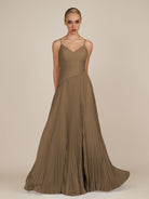 KissDress-Vionnet Willow Green A-Line V Neck Pleated Chiffon Long Bridesmaid Dress with Slit