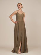 KissDress-Vionnet Willow Green A-Line V Neck Pleated Chiffon Long Bridesmaid Dress with Slit