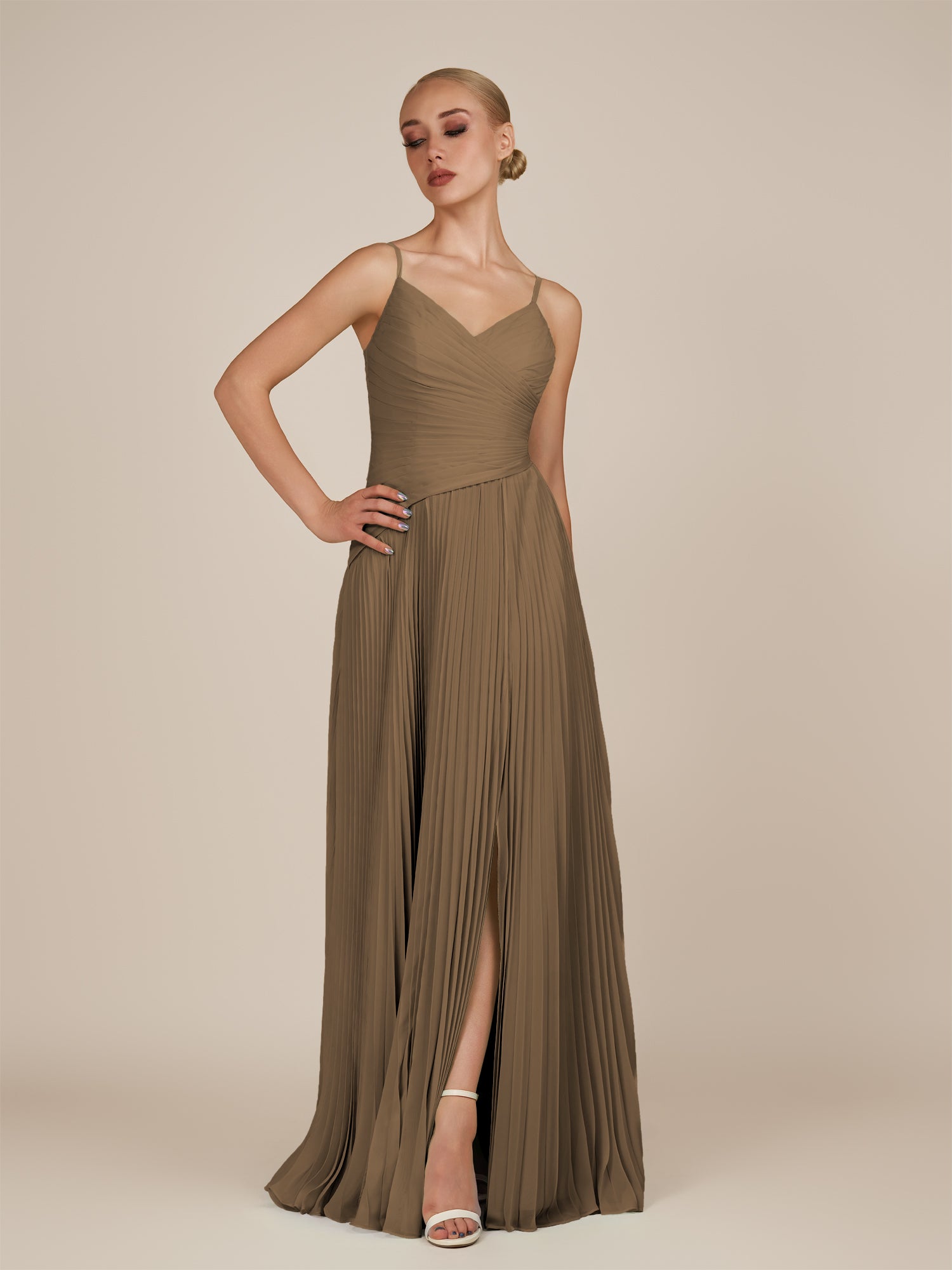 KissDress-Vionnet Willow Green A-Line V Neck Pleated Chiffon Long Bridesmaid Dress with Slit