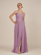KissDress-Vionnet Wisteria A-Line V Neck Pleated Chiffon Long Bridesmaid Dress with Slit