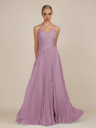 KissDress-Vionnet Wisteria A-Line V Neck Pleated Chiffon Long Bridesmaid Dress with Slit