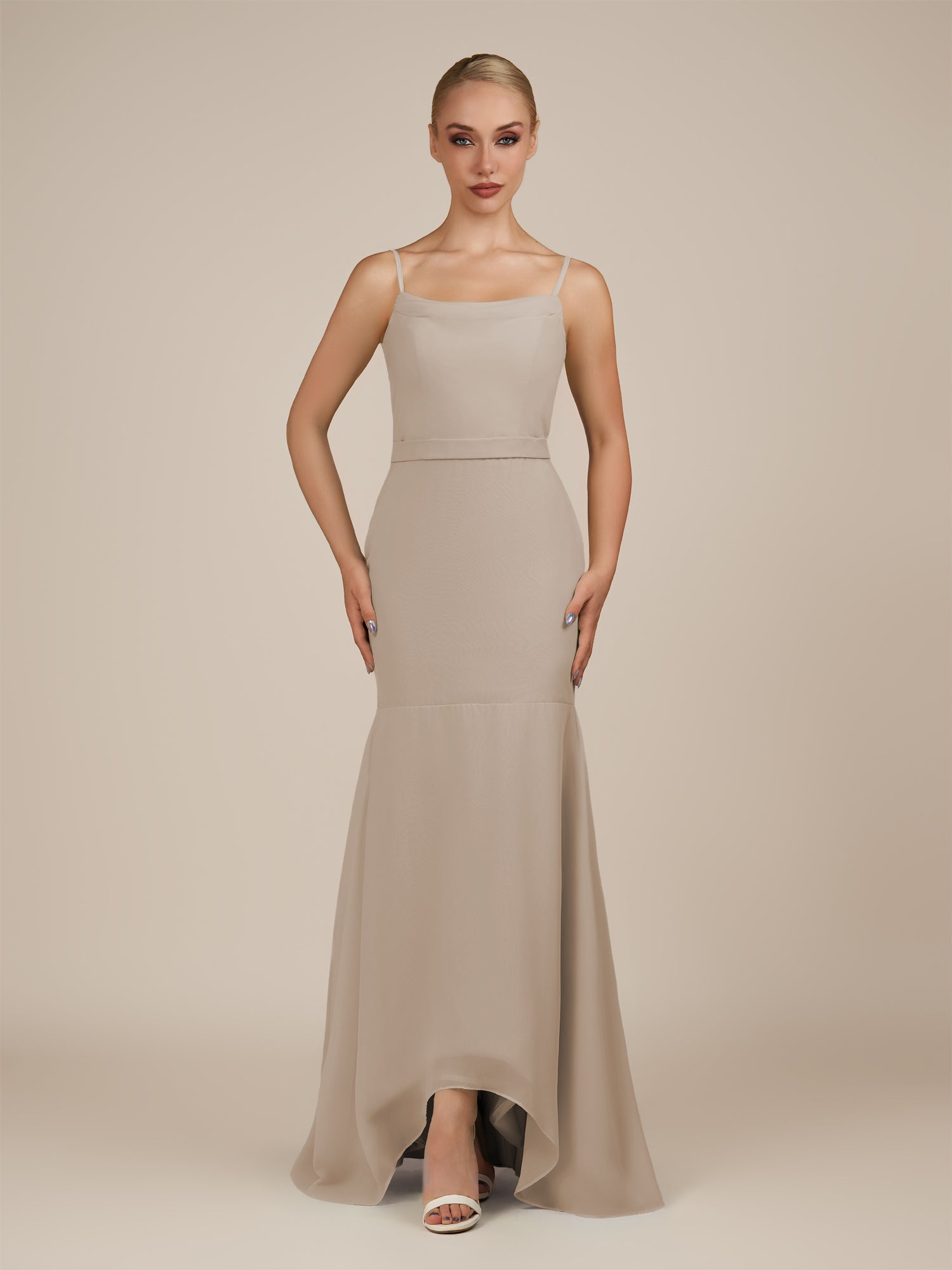 KissDress-Virelai Almond Sheath Scoop Neck Chiffon Long Bridesmaid Dress