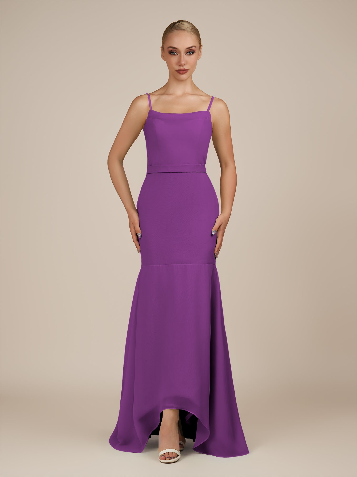 KissDress-Virelai Amethyst Sheath Scoop Neck Chiffon Long Bridesmaid Dress