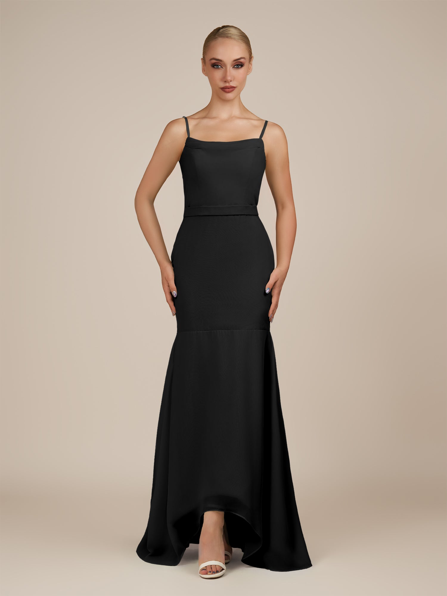 KissDress-Virelai Black Sheath Scoop Neck Chiffon Long Bridesmaid Dress