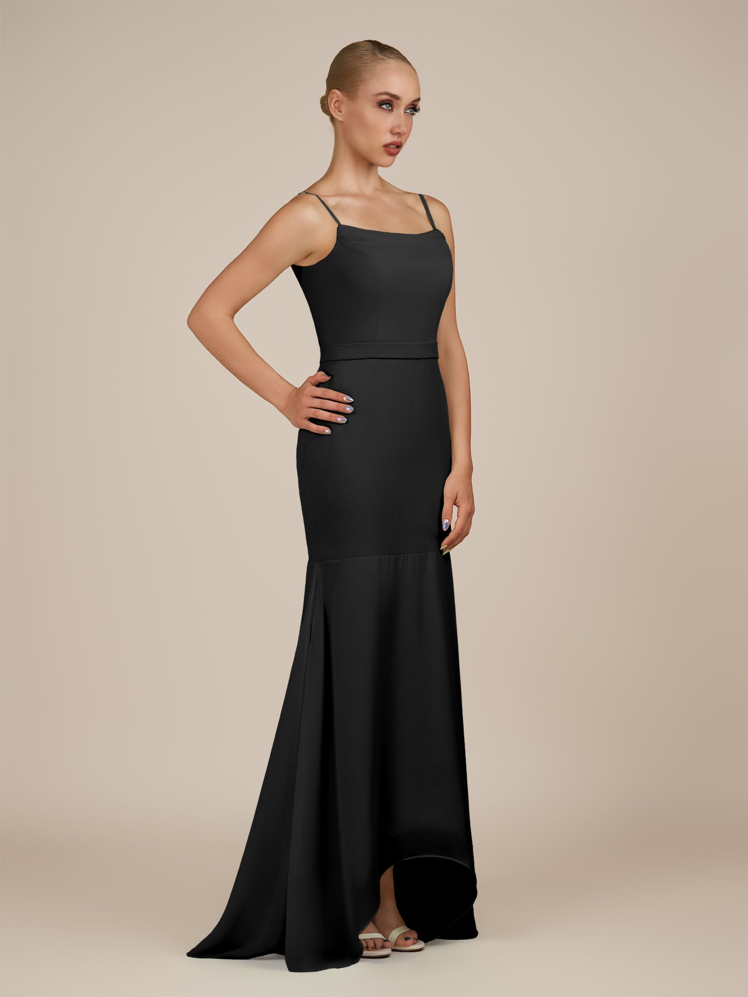 KissDress-Virelai Black Sheath Scoop Neck Chiffon Long Bridesmaid Dress