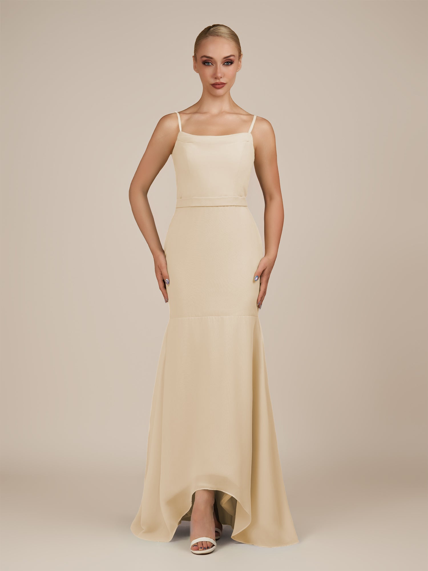KissDress-Virelai Champagne Sheath Scoop Neck Chiffon Long Bridesmaid Dress