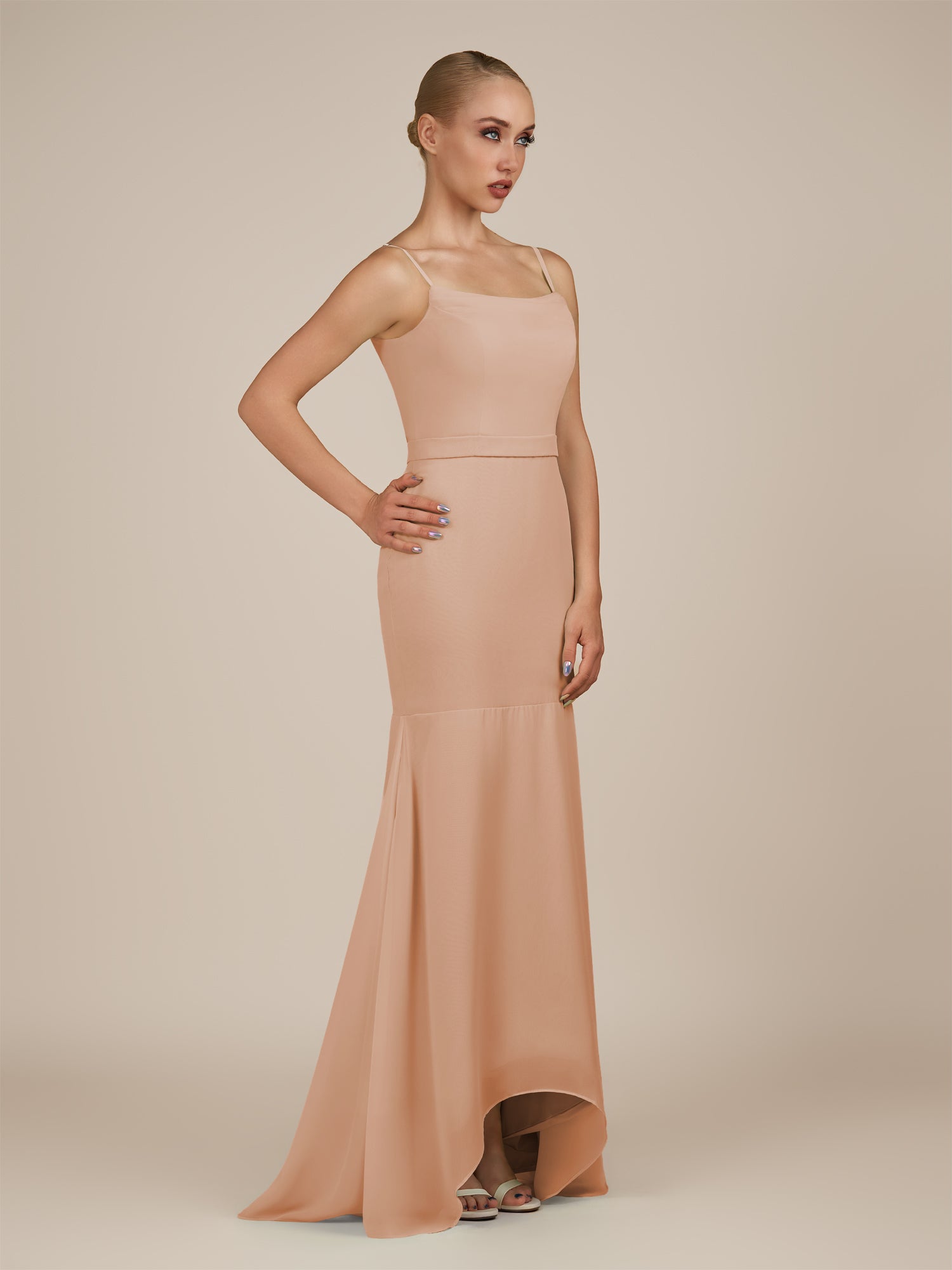 KissDress-Virelai Champagne Rose Sheath Scoop Neck Chiffon Long Bridesmaid Dress