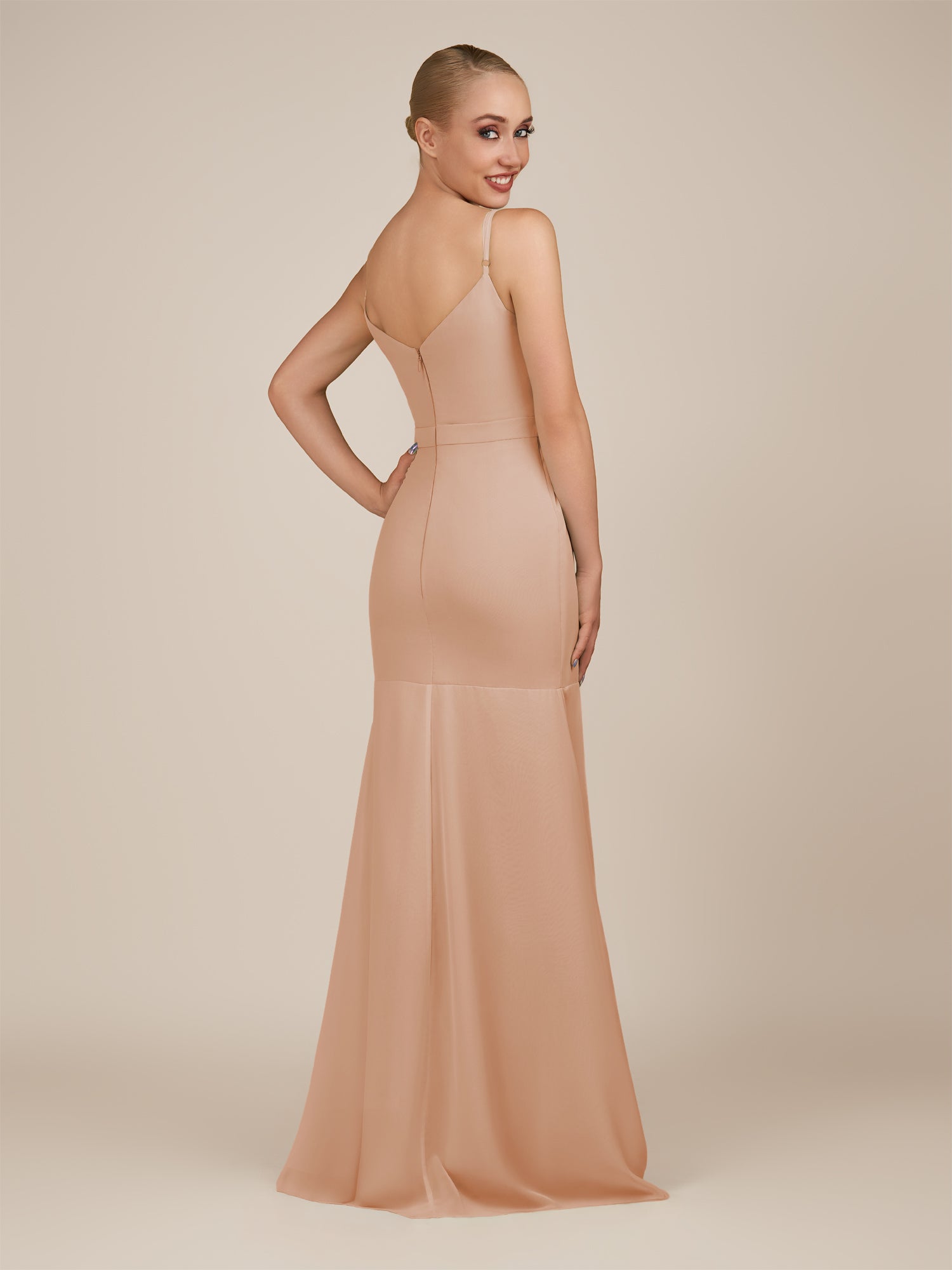 KissDress-Virelai Champagne Rose Sheath Scoop Neck Chiffon Long Bridesmaid Dress