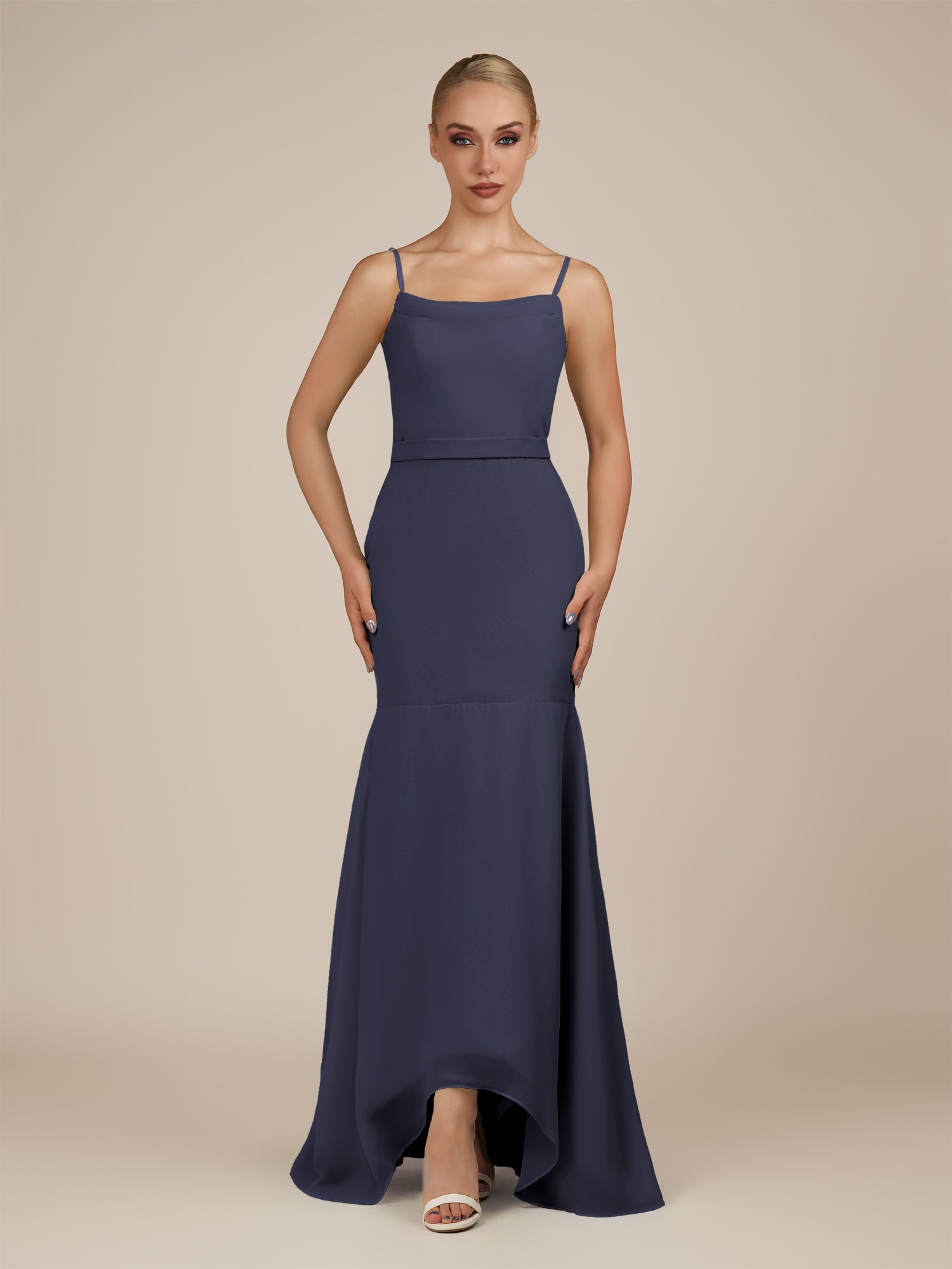 KissDress-Virelai Dusk Blue Sheath Scoop Neck Chiffon Long Bridesmaid Dress