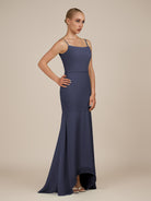 KissDress-Virelai Dusk Blue Sheath Scoop Neck Chiffon Long Bridesmaid Dress