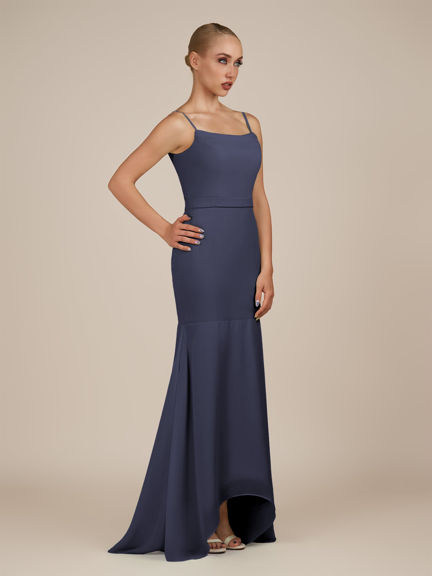 KissDress-Virelai Dusk Blue Sheath Scoop Neck Chiffon Long Bridesmaid Dress