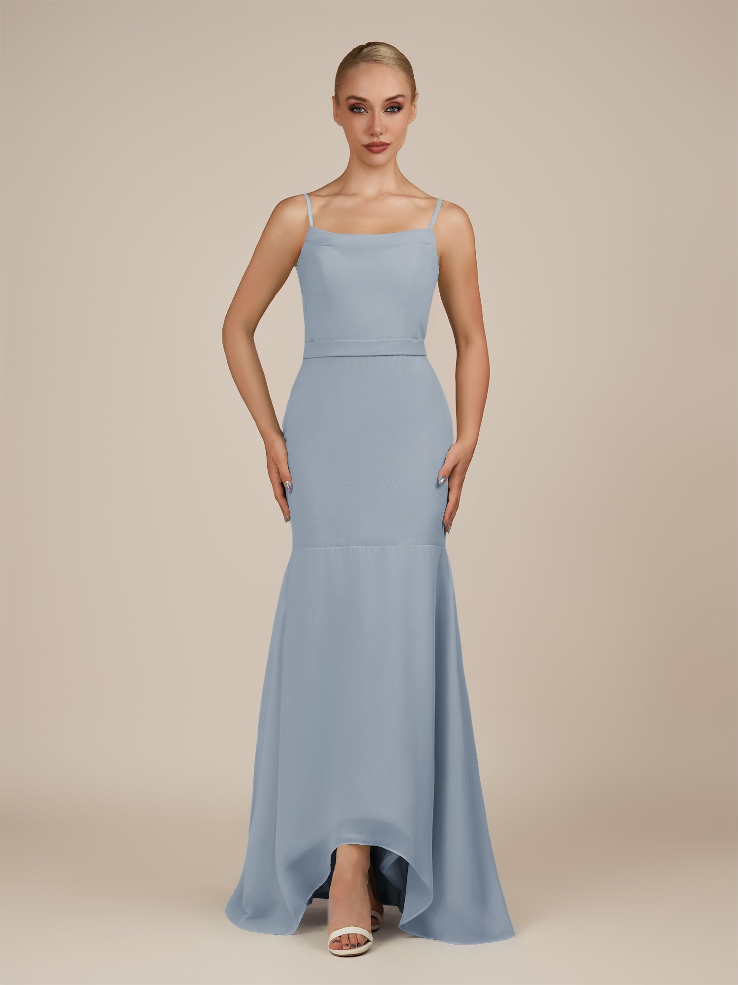 KissDress-Virelai Dusty Blue Sheath Scoop Neck Chiffon Long Bridesmaid Dress