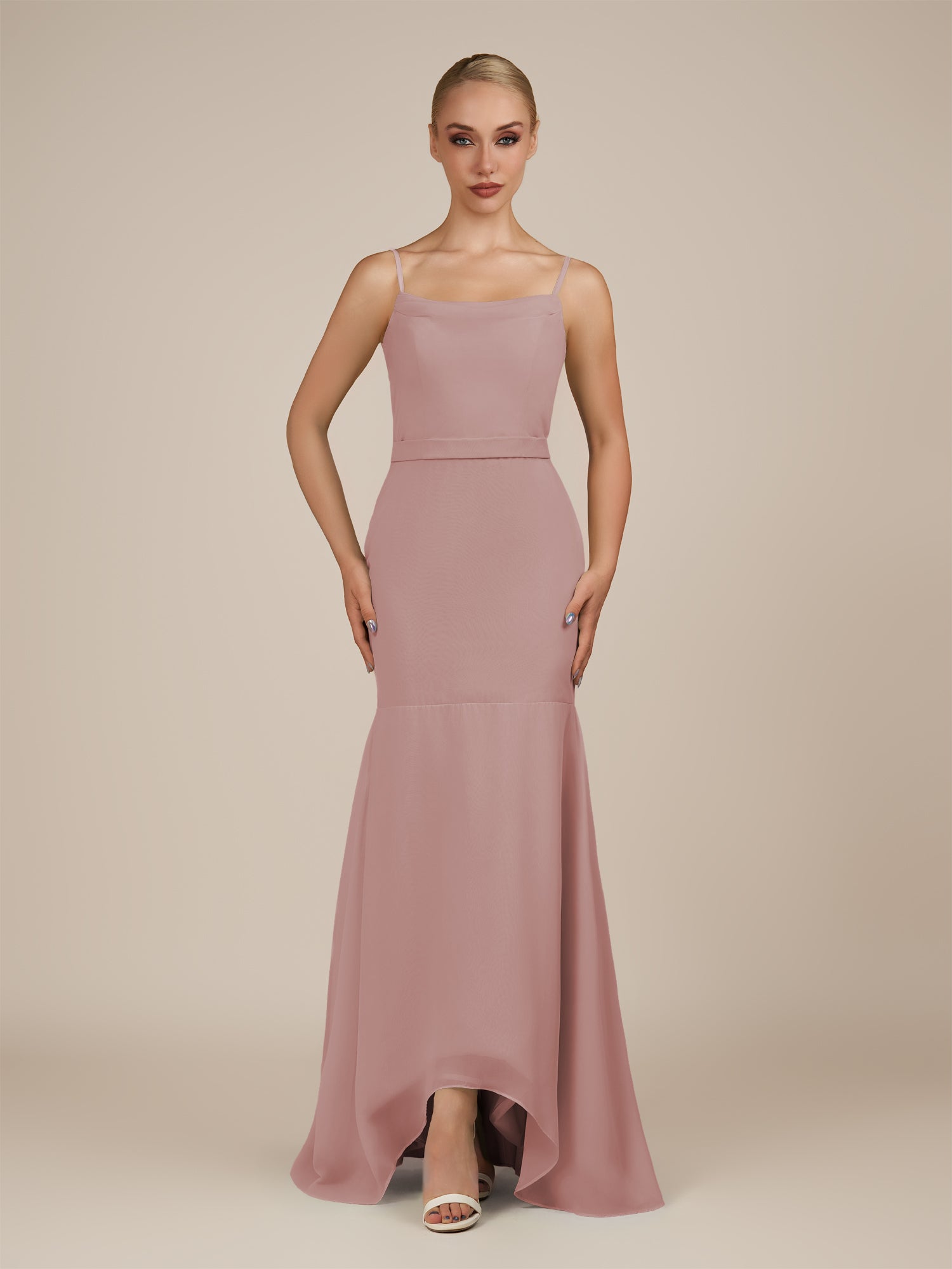 KissDress-Virelai Dusty Rose Sheath Scoop Neck Chiffon Long Bridesmaid Dress
