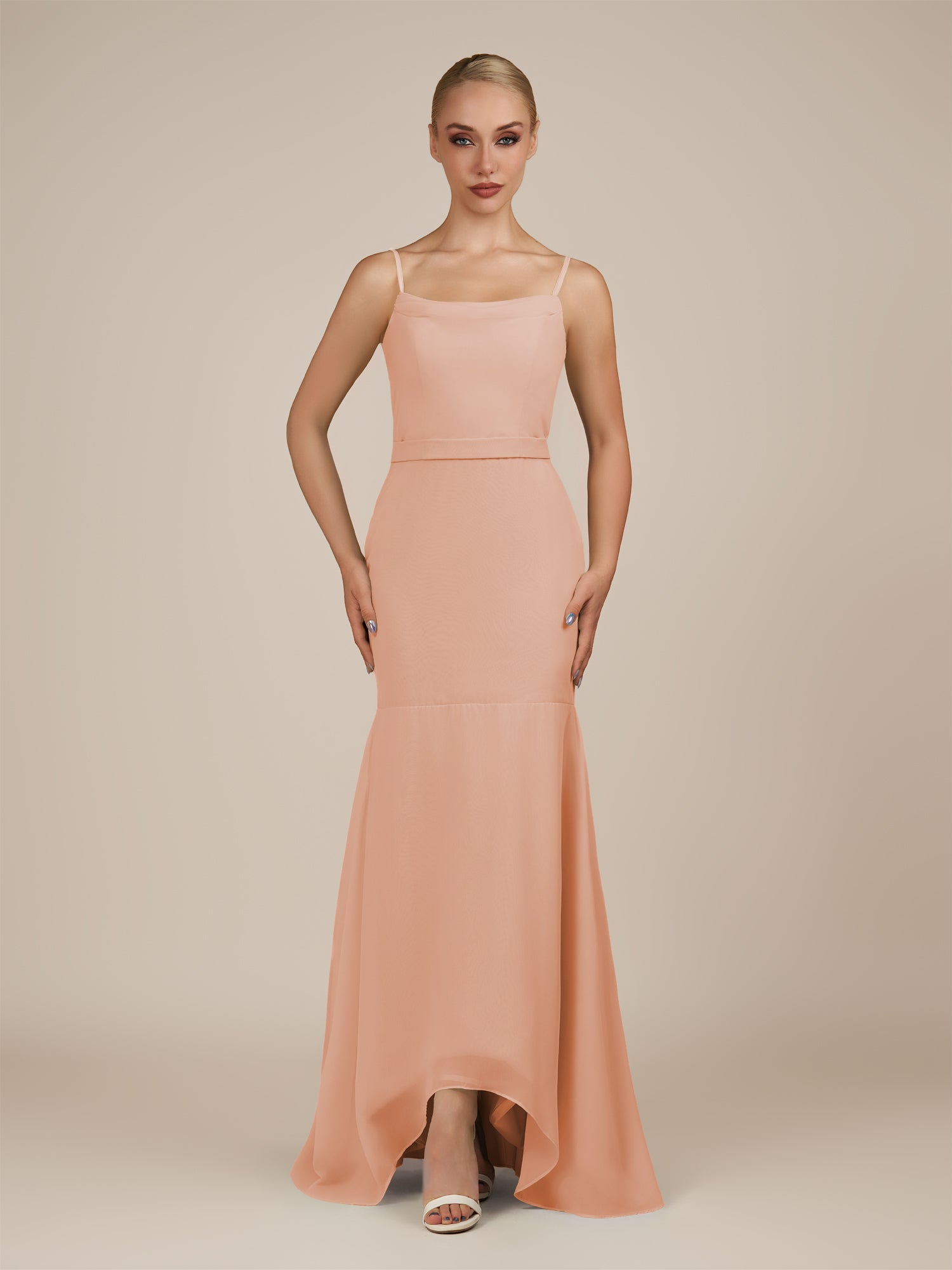 KissDress-Virelai English Rose Sheath Scoop Neck Chiffon Long Bridesmaid Dress