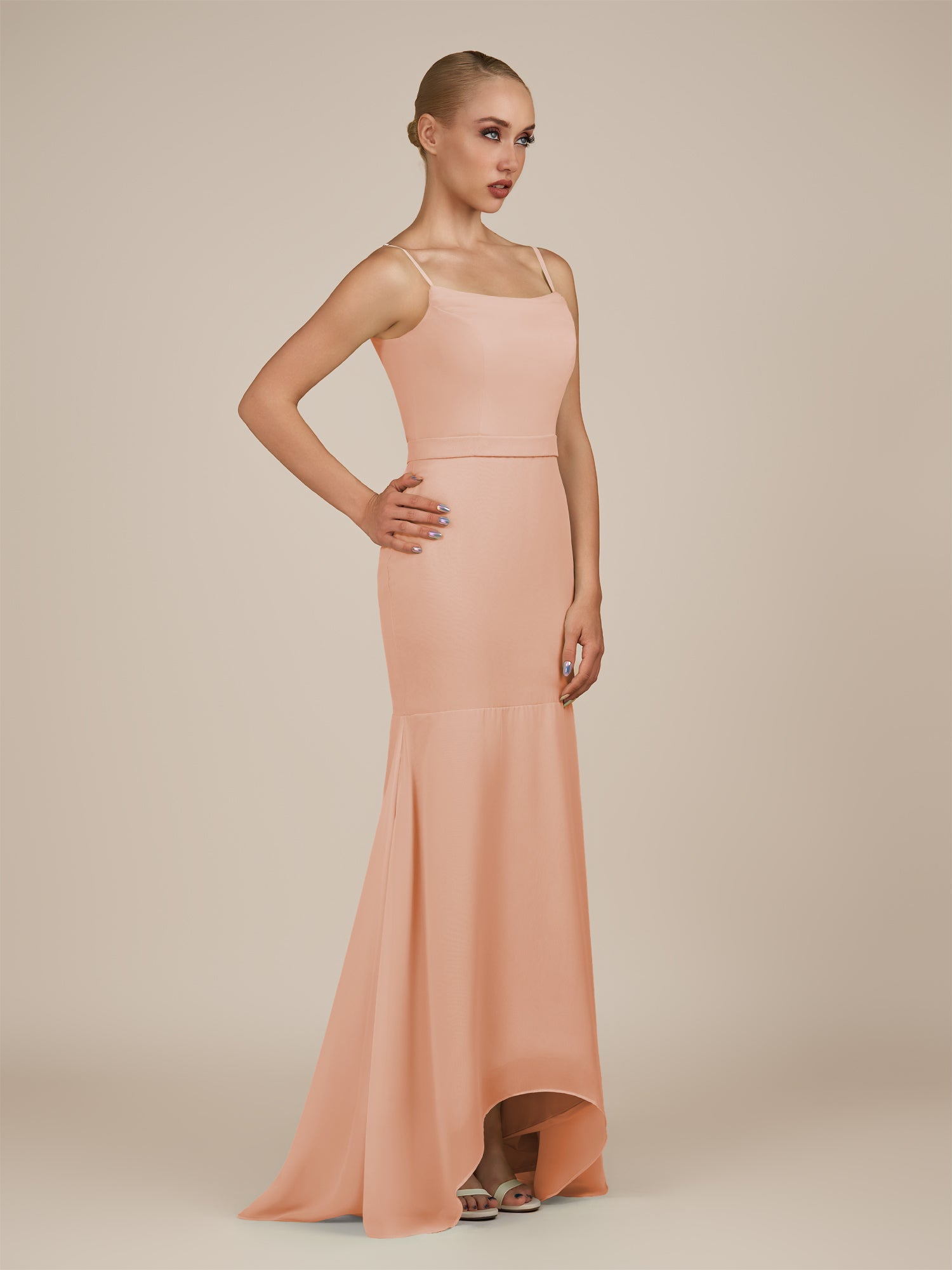 KissDress-Virelai English Rose Sheath Scoop Neck Chiffon Long Bridesmaid Dress