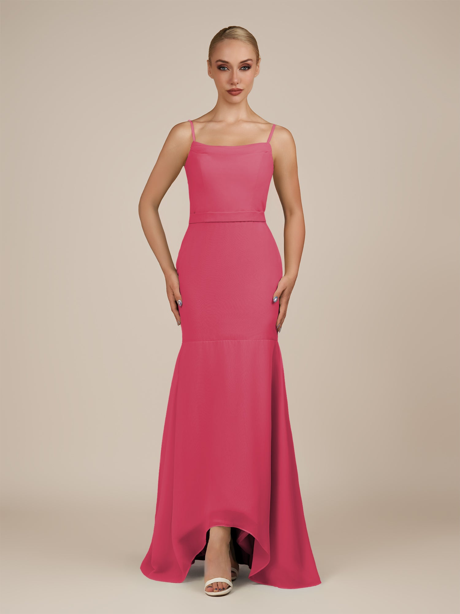 KissDress-Virelai Fuchsia Sheath Scoop Neck Chiffon Long Bridesmaid Dress