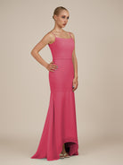 KissDress-Virelai Fuchsia Sheath Scoop Neck Chiffon Long Bridesmaid Dress