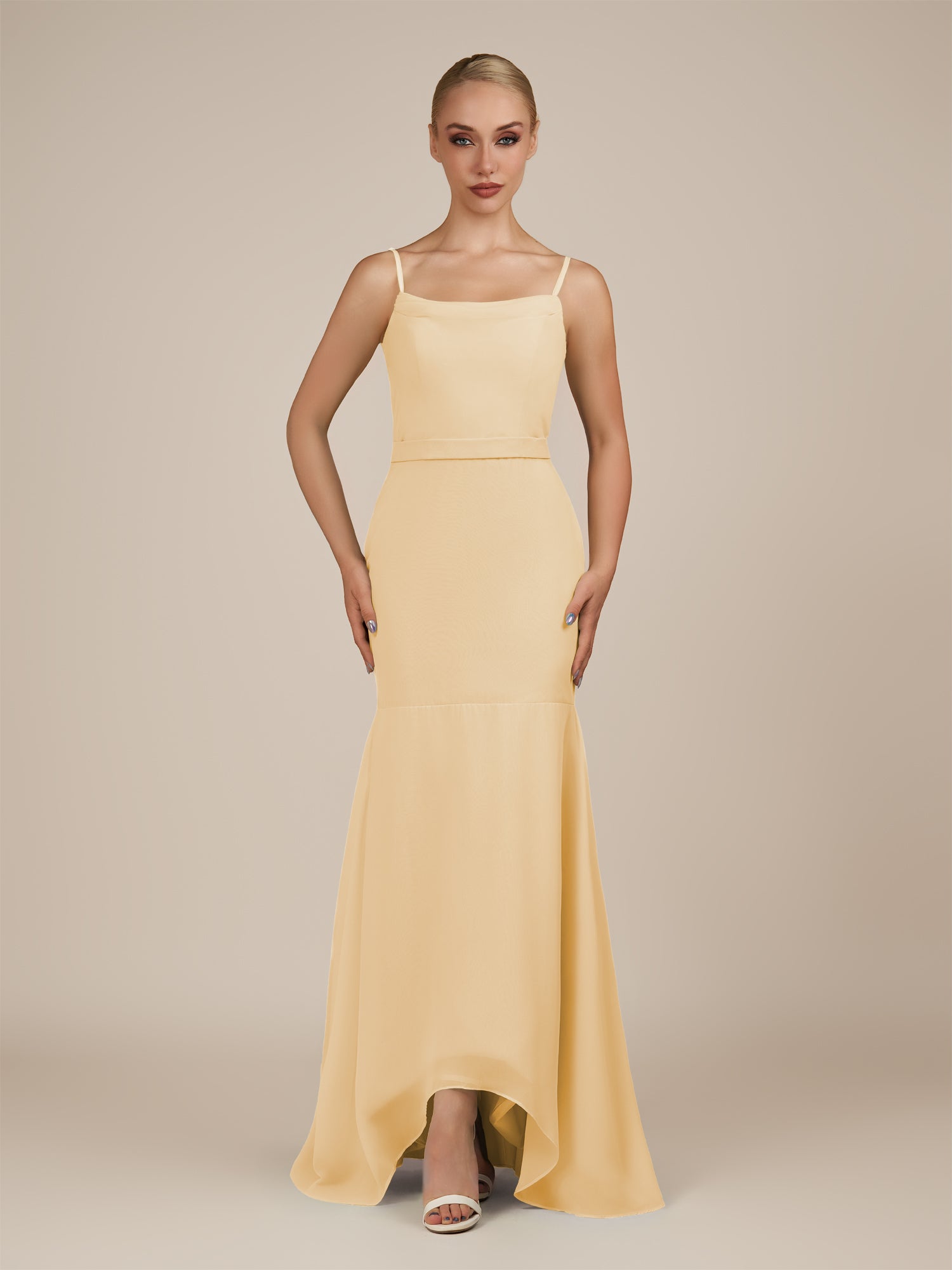 KissDress-Virelai Golden Champagne Sheath Scoop Neck Chiffon Long Bridesmaid Dress