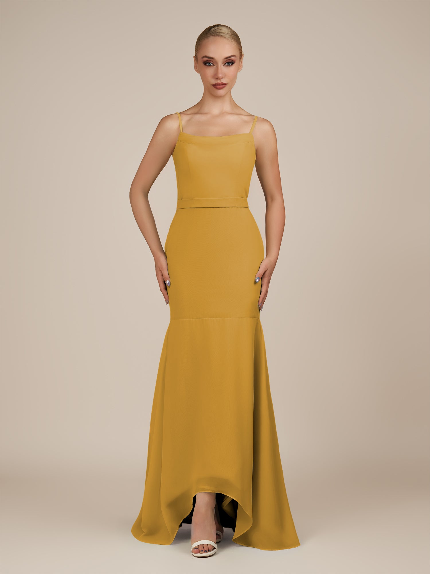KissDress-Virelai Marigold Sheath Scoop Neck Chiffon Long Bridesmaid Dress