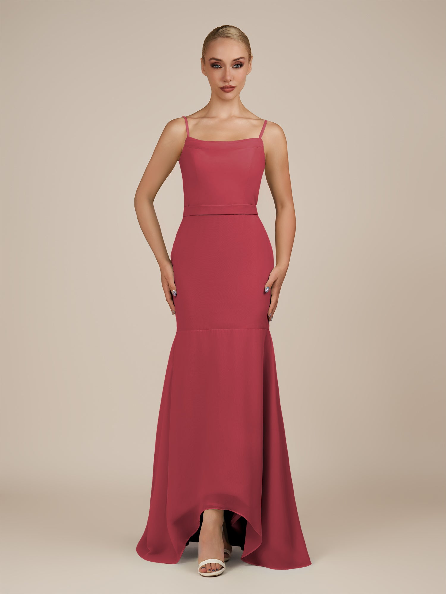 KissDress-Virelai Merlot Sheath Scoop Neck Chiffon Long Bridesmaid Dress
